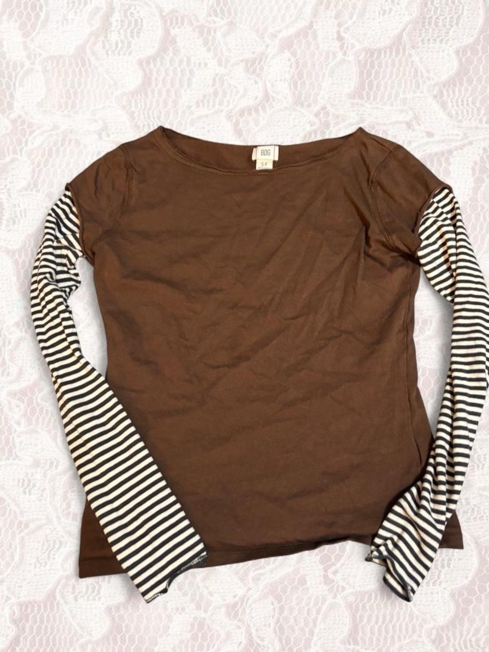 BDG Brown Long-Sleeve Top with Black & White Striped Sleeves